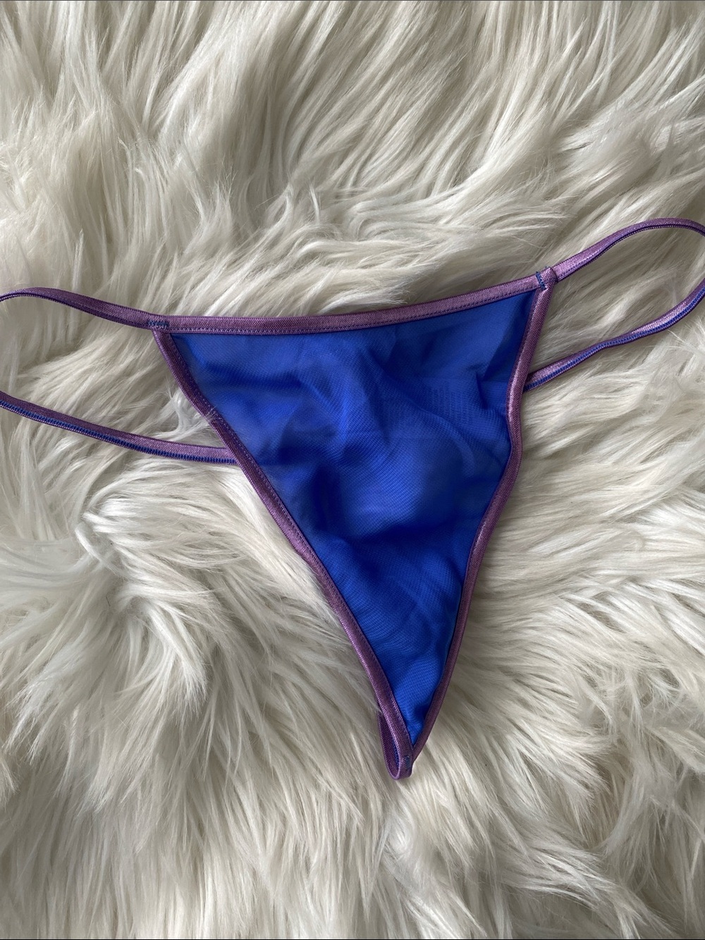 Blue Triangle Thong Bikini Bottom with Purple Trim